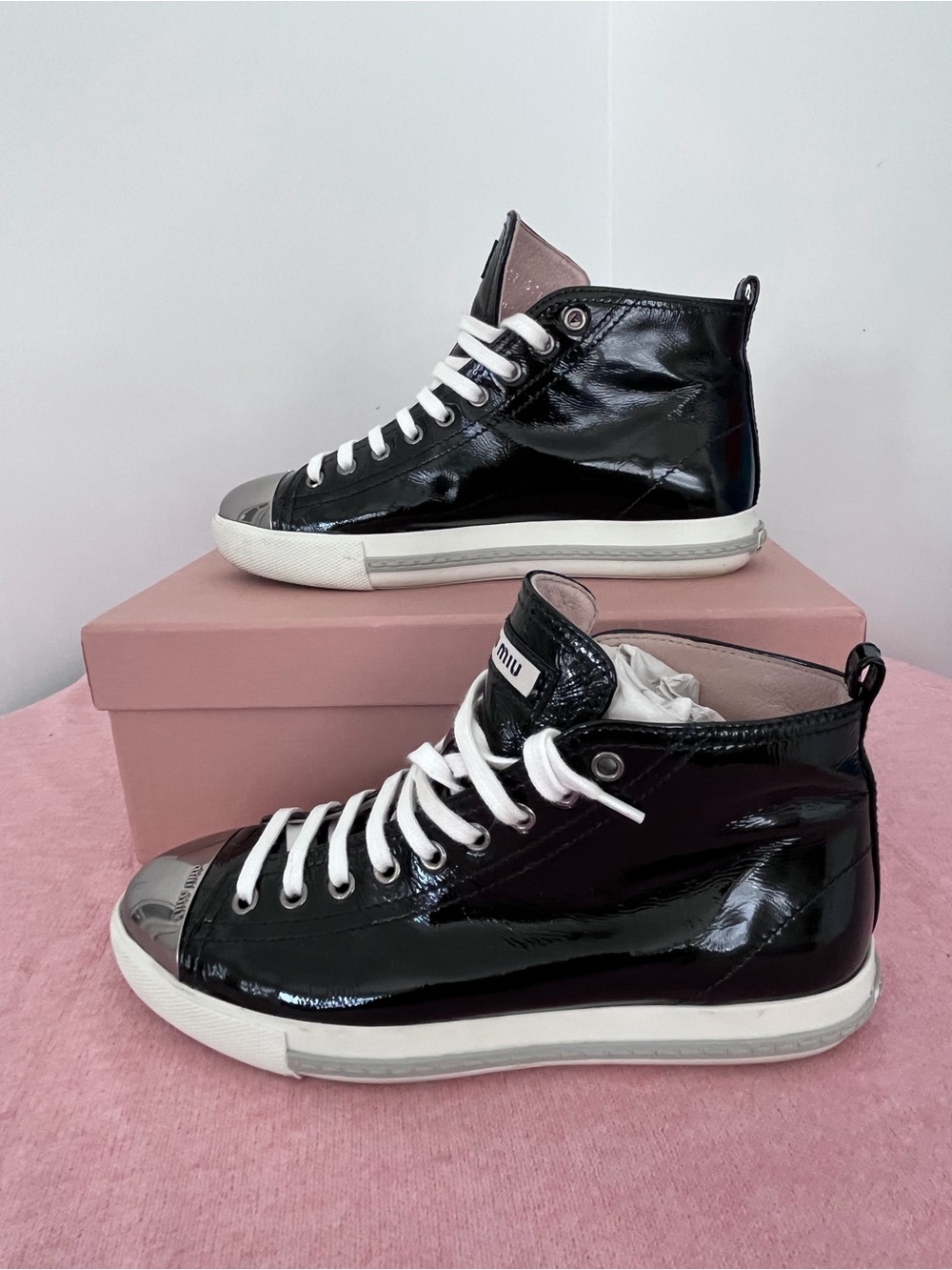 Miu Miu Black Patent Leather High-Top  Sneakers with Silver Toe Cap